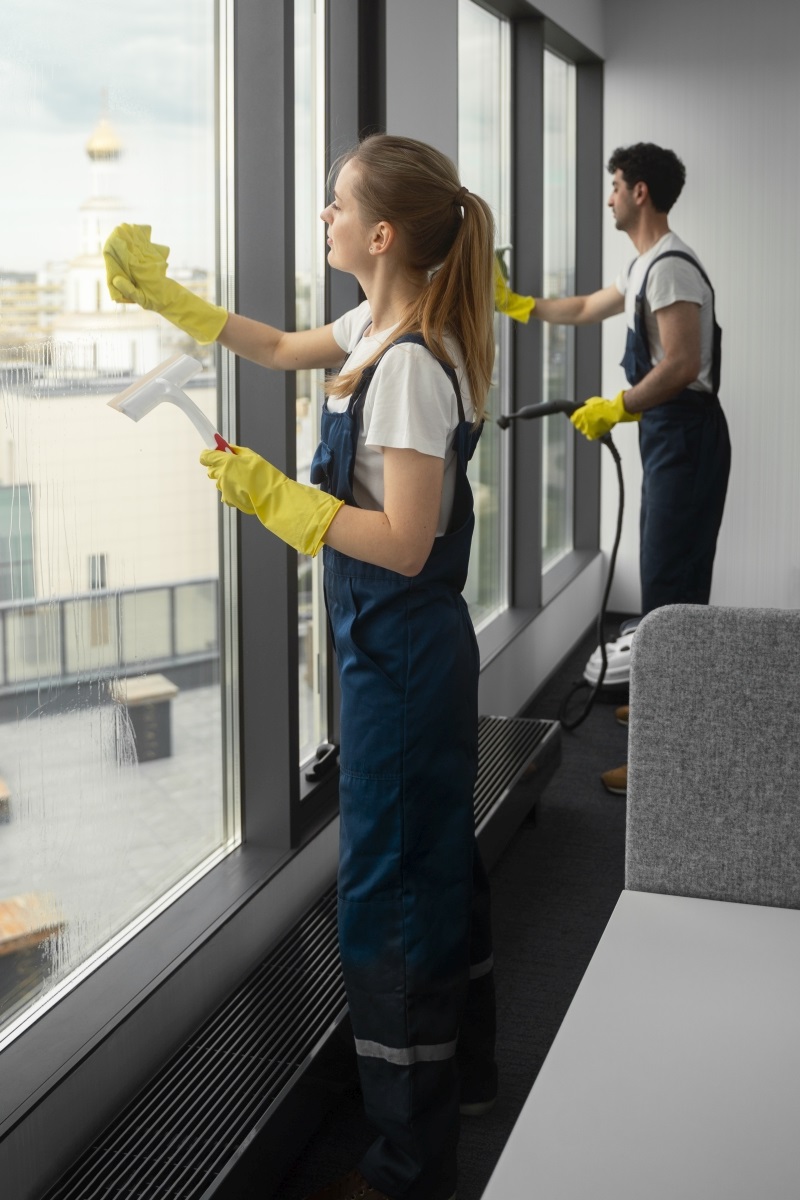 Full Shot People Cleaning Office